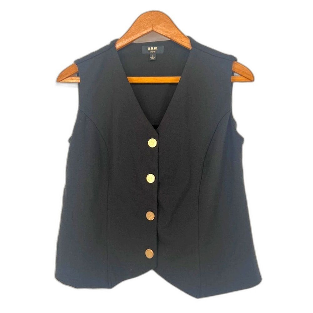 AUW Black‎ with Gold Buttons Sleeveless Button Front Vest Vneck Dressy Size LG